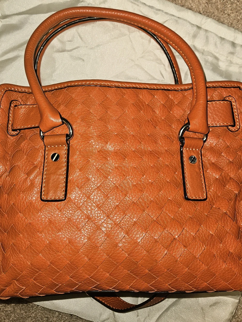 Michael Kors Hamilton Set, Burnt Orange Woven Leather Satchel/Crossbody/Coin Pur